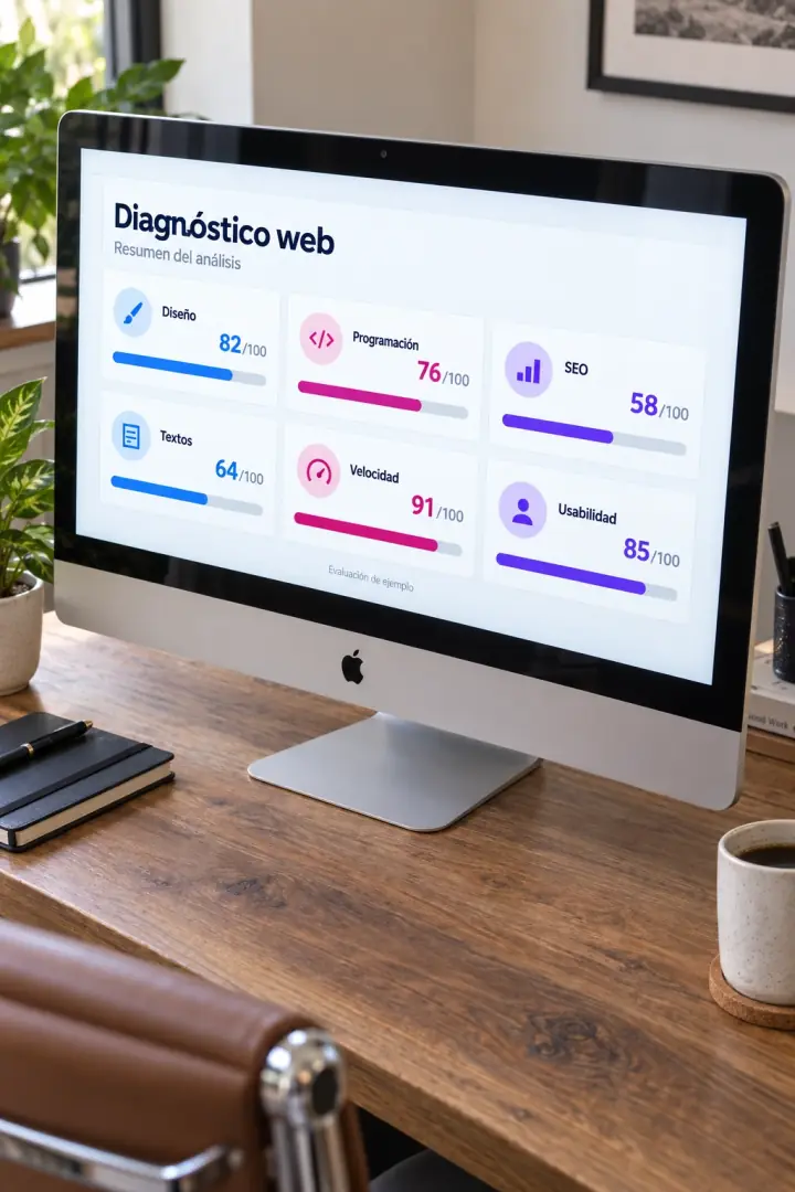 iMac sobre un escritorio con puntuaciones de diagnóstico web en español